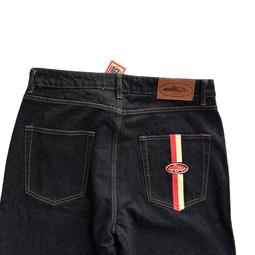 CORTEIZ DUAL STRIPE BAGGY JEANS (BLACK WASH)